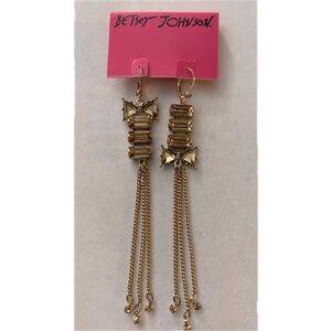 Betsey Johnson Crystal Bow Linear Leverback Earrings Gold/Topaz Crystals NWT